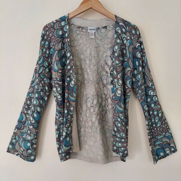 Chicos Sweater Cardigan 0 / S Blue Peacock Shimmer One Button - Picture 2 of 8